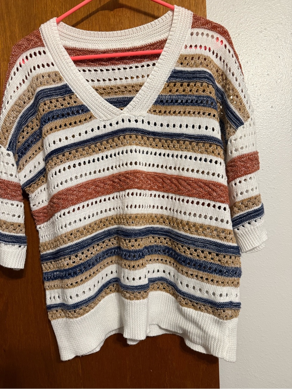 Source Unknown Striped Open-Knit V-Neck Sweater - White, Rust, Navy, Tan